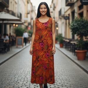 Vintage Y2K 2000s Zoey & Beth Tropical Floral Midi Tank Dress Large Vacation
